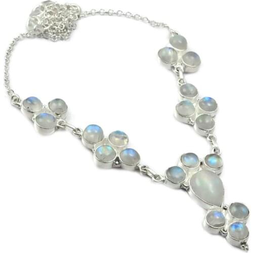 NiaoZaiFei YunZaiKan Nature Rainbow Moonstone Necklace 925 Sterling Silver, 49 cm, MHBNE0024