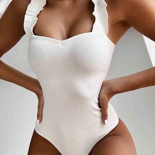 Sexy Ribbed One Piece Swimsuit Women Wood Ear Ruffle Swimwear Push Up Monokini Bathing Suit Summer Beach Wear Swimming Suit