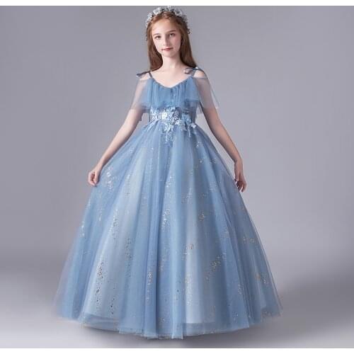 Flower Girl Dresses Princess Spaghetti Straps Appliques Sequined Pearls Embroidery Tulle Ball Gown V-Neck Kids Party Skirt H126
