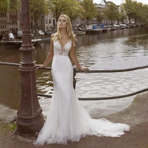 Populary Mermaid Weddding Dresses Lace Pleat Sashes V-Neck Sleeveless Backless Deep Lace Appliques Bridal Gowns