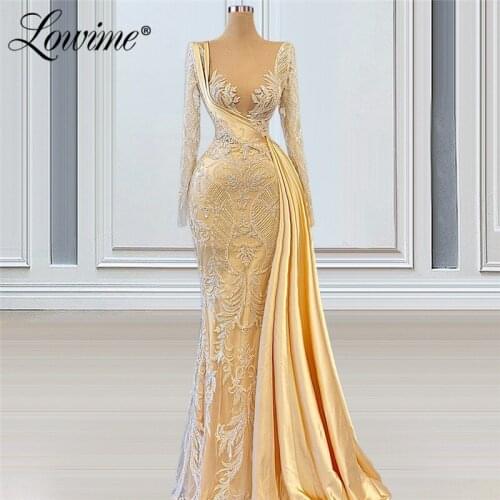 Lowime Beading Luxury Evening Dress Long Sleeves Mermaid Party Dresses 2021 Custom Plus Size Middle East Arabic Celebrity Dress