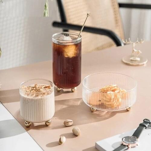 Luxury Ins Hot Glass Water Cup Gold Beads Feet Good Looking Coffee Cold Drinking Glasses Decor Plate Salad Bowls