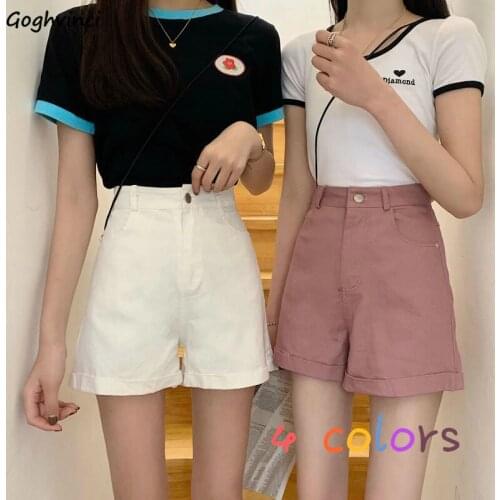 Shorts Women Summer Denim High-waist Solid A-line Wide-leg Students Korean-style Washed Cuffs Trendy All-match Womens Casual New