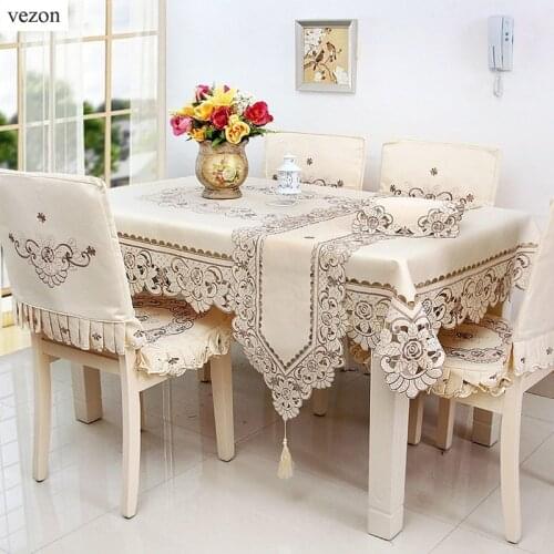 Vezon Europe Luxury 72*126" Polyester Floral Embroidery Tablecloth Satin Embroidered Wedding Table Towel Cloth Cover Overlay
