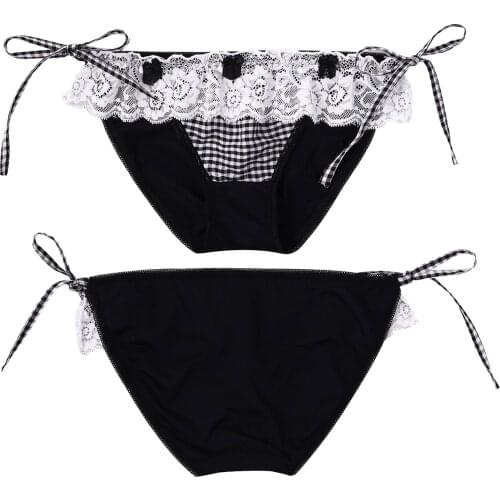 Man Sissy Briefs Crossdress Cosplay Briefs Self Tie Sides Ruffle Lace Bowknot Adorned Plaid Print Cute Underwear Male Panties