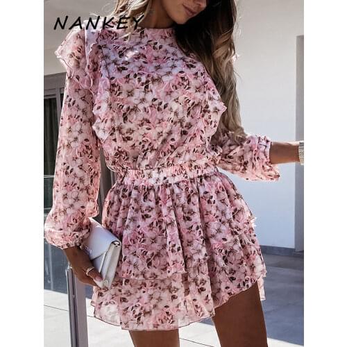 NANKEY Women Floral Print Dress Elegant Puff Sleeve A-line Chiffon Sash Women Clothing Work Wear Office Lady Pink Dress 2021