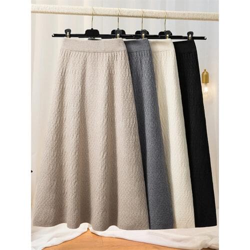 Knitted Skirt Women Autumn And Winter 2021 New High Waist Solid Color Umbrella Mid-Length A-Line Wild Woolen Skirt Midi Saia l12