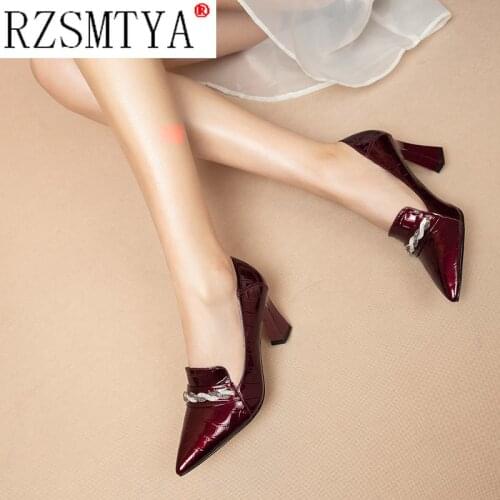 Hot Sale Women Pumps 2021 Spring New Fashion Patent Leather Shoes Women High Square Heel Slip-on Metal Decoration