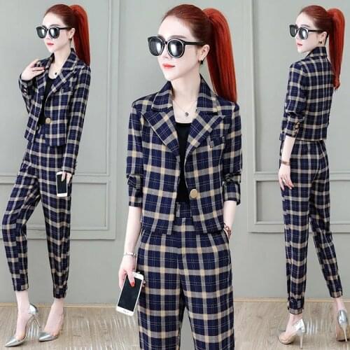 Vintage Plaid Suit Women Two Piece Set 2021 Spring Autumn Office Lady Elegant Slim Short Blazer And Suit Pants Korean Style Sets