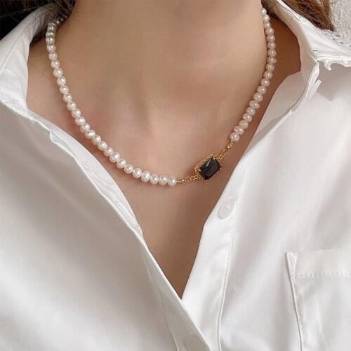 Silvology 925 Sterling Silver Freshwater Pearl Necklace for Women Black White Square Zircon Luxury Necklace Lady Simple Jewelry