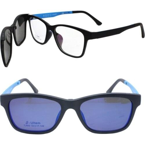 002 ultra blendable ULTEM square shape prescription glasses with handy megnatic clip on removable polarized sunglasses lenses