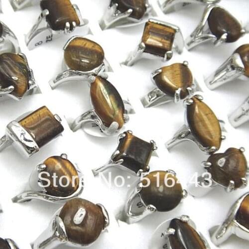 10pcs Mix Style Fashion Silver P Natural Tiger Stones Women Mens Rings Wholesale Jewelry A-129