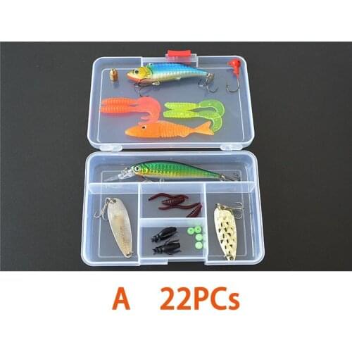 22PCs lot Metal SPoon Soft Worm Bait Tackle Box Fishing Lures Set Mixed Hard Plastic Wobblers Metal Jig Spoons Soft Bait