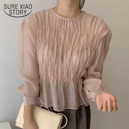 Korean Ins O-Neck Puff Long Sleeve Blouse Solid Pleated Design Perspective Summer Autumn Shirt Blusa 2021 Fashion Clothing 11357