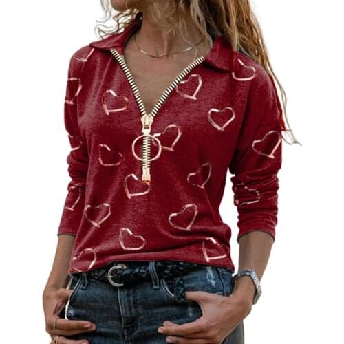 Fashion Casual Zipper V-Neck Blouse Shirts Elegant Heart Print Long Sleeve Tops Pullovers Autumn Spring Ladies Loose Streetwears