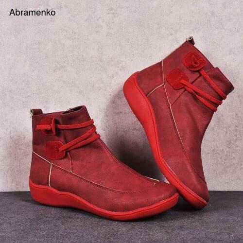 Ankle Boots Vintage Patent Leather Thick Bottom Casual Flats Shoes Round Toe Rubber Strap Shoes For Women Boots Plus Size 35-43