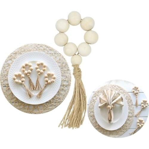 Wood Bead Napkin Rings 4pcs with Tassels Rustic Farmhouse Wood Beads Garland Wall Hanging Decor Weddings Home Decor Table Decor