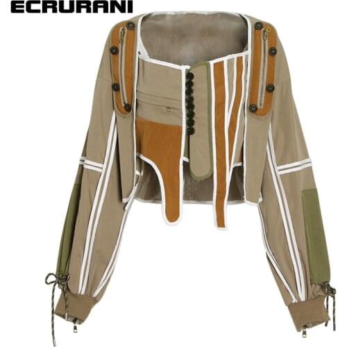 ECRURANI Patchwork Hit Color Jacket For Women Square Collar Long Sleeve Single Breasted Casual Jackets Females Clothing 2021 New