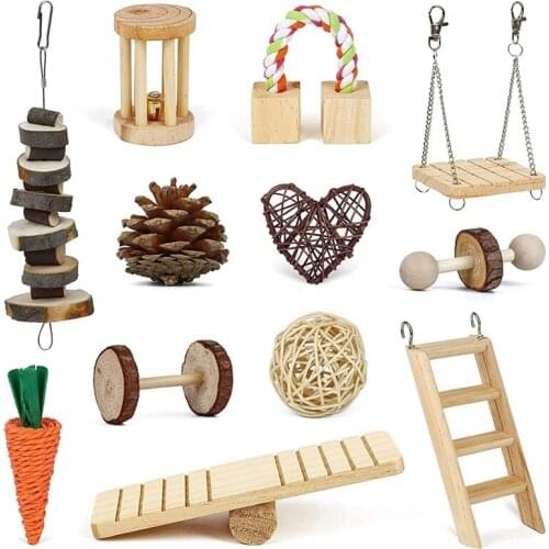 Hamster Toys 12 Pcs, Natural Wooden Guinea Pig Toys, Syrian Hamster Chew Toy Cage Accessories Dumbbells Exercise Bell