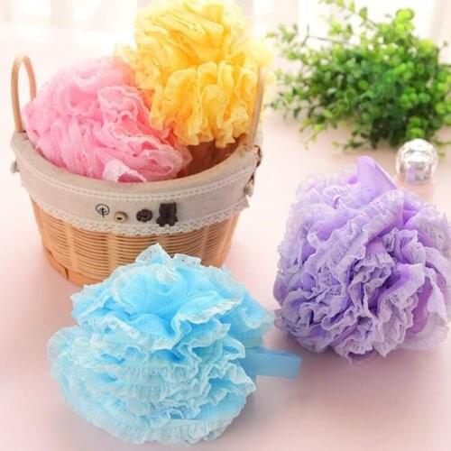 Lace Mesh Pouf Sponge Bathing Spa Handle Body Shower Scrubber Ball Colorful Bath Brushes Sponges LX1194