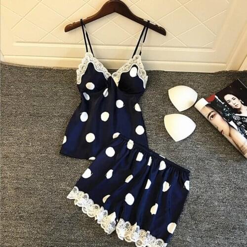 Big Polka Dot Summer Pyjama Femme Sleep Lounge Pajama Set Sexy Satin Sleepwear Women Sexy Pajamas for Women With Chest Pad 915