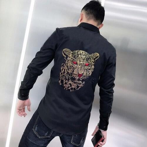 Mens Shirt Oversized Exaggerated Fashion Luxury Leopard Personality Hot Diamond Loose Rock Style Long Sleeves