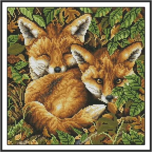 Two Fox Painting Joy Sunday Counted Cross Stitch Kits 14CT Ptinted Canvas for Embroidery Kit DMC DIY Cross-stitch for Needlework