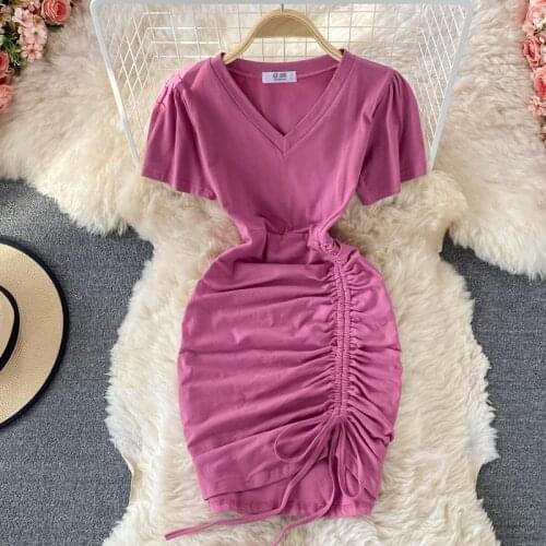 2021 summer new solid color temperament slim slimming short sleeve V-neck drawstring dress waist bag hip short skirt