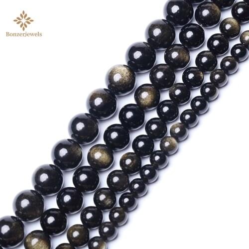 Wholesale Natural Gold Obsidian Round Loose Spacer Stone Beads For Jewelry Making Bracelets 15" Strand 4 6 8 10 12 MM Size