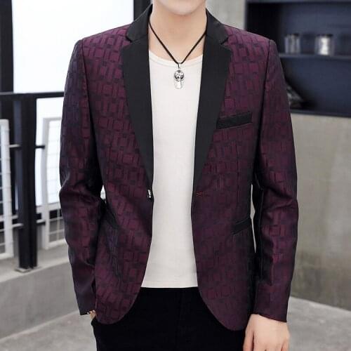 Fall 2021 Mens Plaid Printed Suit Knot Different Color Collar Single Button Youth blazers