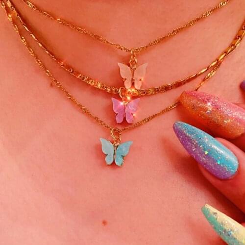 Hot Cute Sweet Acrylic Butterfly Necklace Colorful Butterfly Pendant Necklace For Women Girls Jewelry Best Gifts