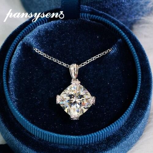 PANSYSEN New 100% 925 Sterling Silver Princess Cut Created Moissanite Diamonds Gemstone Pendant Necklace Engagement Fine Jewelry
