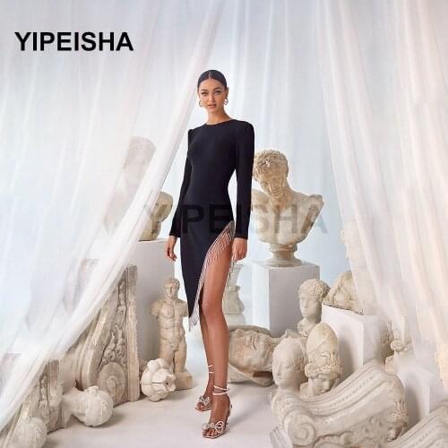 Simple O-Neck Long Sleeve Asymmetrical Evening Dresses Tassel Sexy Knee-Length Prom Party Gown robe de soirée de mariage платье