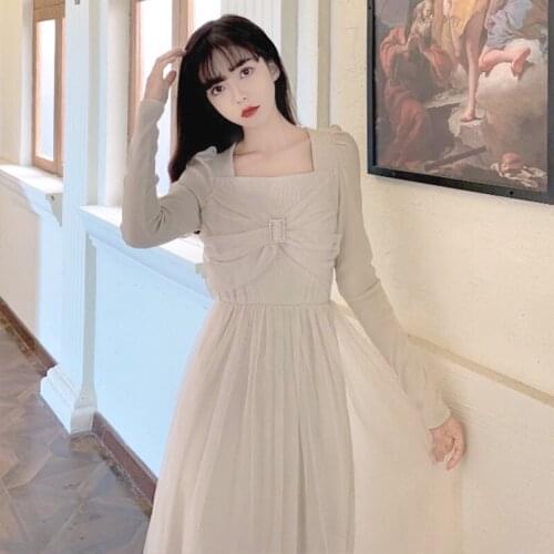 Sannian Spring Mesh Dresses Women Clothes Autumn And Winter Mid-length Temperament Waist Square Collar Long-sleeved Inner Dress