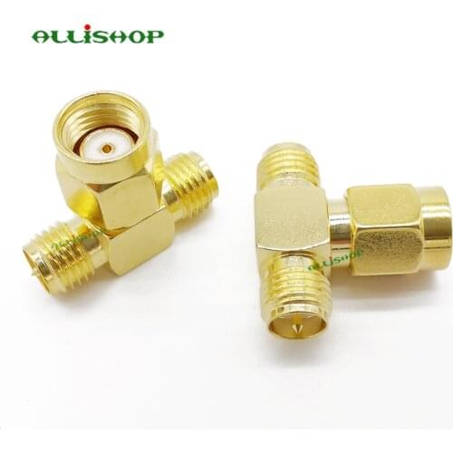 RP SMA Male to Female Adapter RP SMA Plug Male To 2 RP SMA Jack Female T Type RF Connector Triple 1M2F Brass Gold Plating