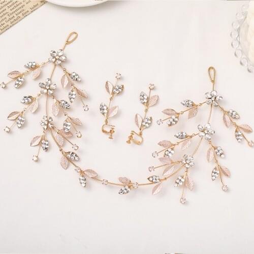Leaf Rhinestone Gold Headbands Earrings Sets 2 Pcs Long Metal Tiara Hairbands Crowns Wedding Bride Hair Accessories Hair Vine