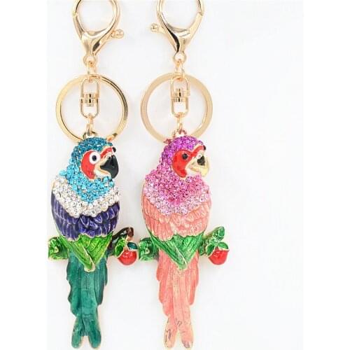 Uodesign Women Fashion Colorful Cute Keychain Metal Pendant Keyrings Parrot Bird Crystal Keyholder Car Key Chain Ornaments Gift