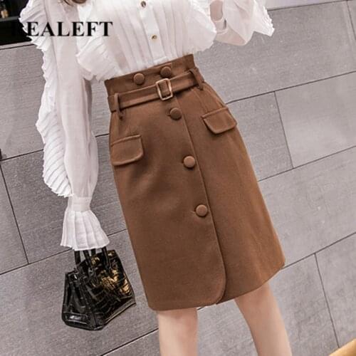 REALEFT 2020 Winter Wool Womens Skirts Fashionable High Waist Slim Button Decoration OL Style Ladies Midi Skirt mujer faldas