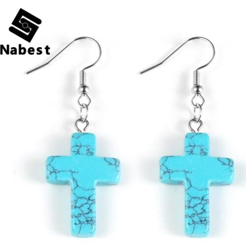 Women Natural Gem Stone Cross Dangling Earrings Turquoises Tiger Eye Picture Quartz Agates Earring Hoop Healing Hanging Jewelry