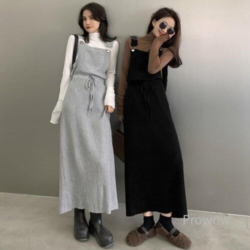 Preppy Style Sweater Women Slash Neck Spaghetti Strap Elastic Waist A-line Midi Dress Korean Fashion Sleeveless Tank Dress Robes