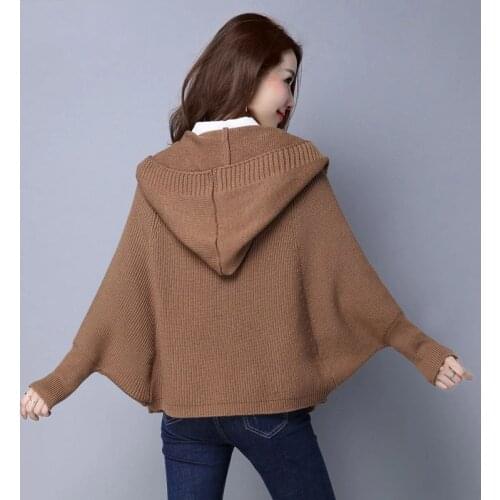 New Knitted Sweater Female Batwing Sleeve Hooded Short Coat 2020 Autumn Women Loose Fit Cardigan Sweater Casual Cloak Overcoat