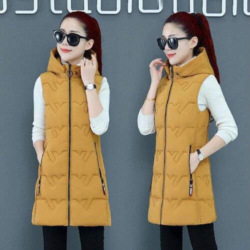 Women Winter Vests Hooded 2021 New Solid Color Long Vest Cotton Padded Jacket Sleeveless Female Winter Waistcoat Vest Outerwear