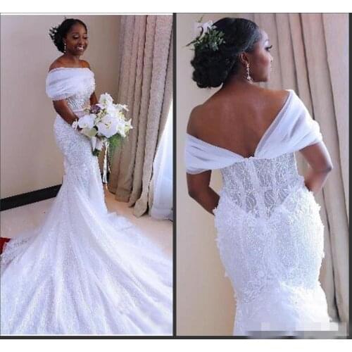 Mermaid Wedding Dresses Luxury Beaded Off the Shoulder Tulle Custom Made Sweep Train Wedding Gown vestido de novia
