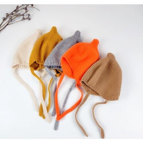 Winter Warm Baby Hat Soft Knitted Baby Boys Girls Hat With Lacing Solid Color Kids Children Ear Protection Cap Beanies