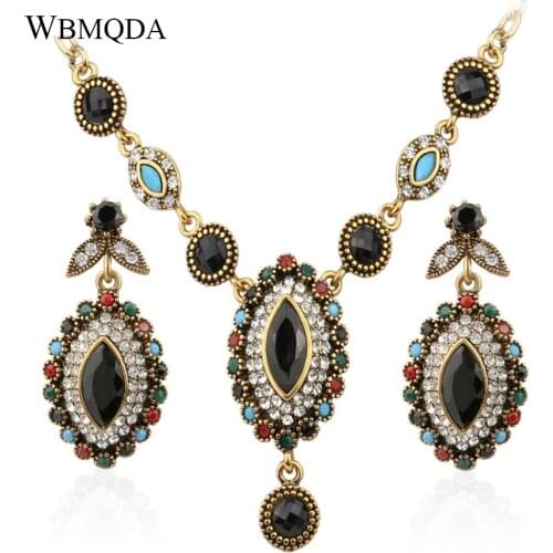 2 Pcs/lot Indian Jewelry Sets Vintage Colorful Stone Gold Necklace Earrings Ethnic Women Jewellery Bohemian Crystal Accessories