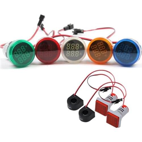 2in1 3in1 Round Square Ammeter Voltmeter HZ Hertz Frequency Meter 22mm Opening AC Digital Current Voltage Indicator Singal Light