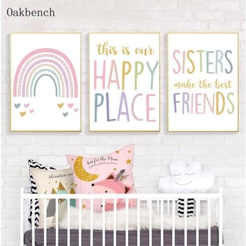 Nursery Wall Art Canvas Painting Rainbow Poster Heart Art Print Sister Friend Posters Nordic Wall Pictures Baby Girl Room Decor