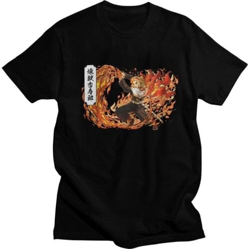 Demon Corp Kyojuro Rengoku T Shirts Men Short Sleeve Cotton T-shirt Anime Kimetsu No YaibaTees Top Fashion Tshirt Gift Idea