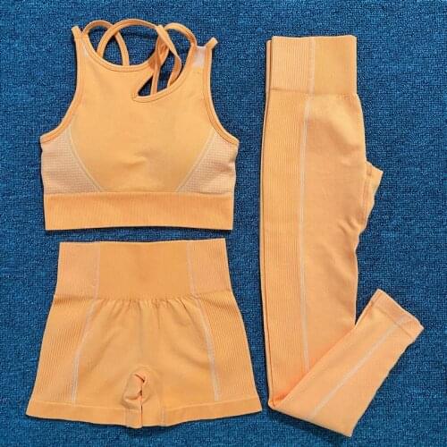 Women 3PCS Seamless Yoga Set Short Sleeve Crop Tops Fitness Shorts Sports Wear Gym Leggings Workout Clothing Athletic Sport Suit