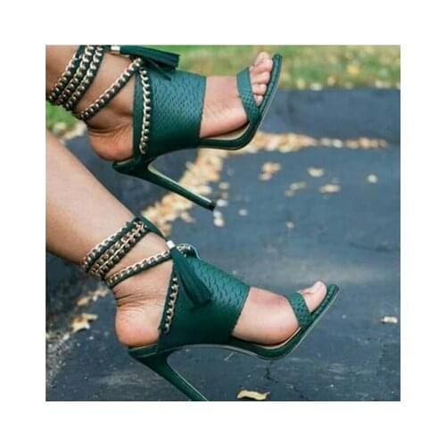 Summer Fashion lace Up Rope Woman Snake Sandals Metal Chains Decor Sexy Pumps Tassel Designer Thin High heels Dress Shoes Size47